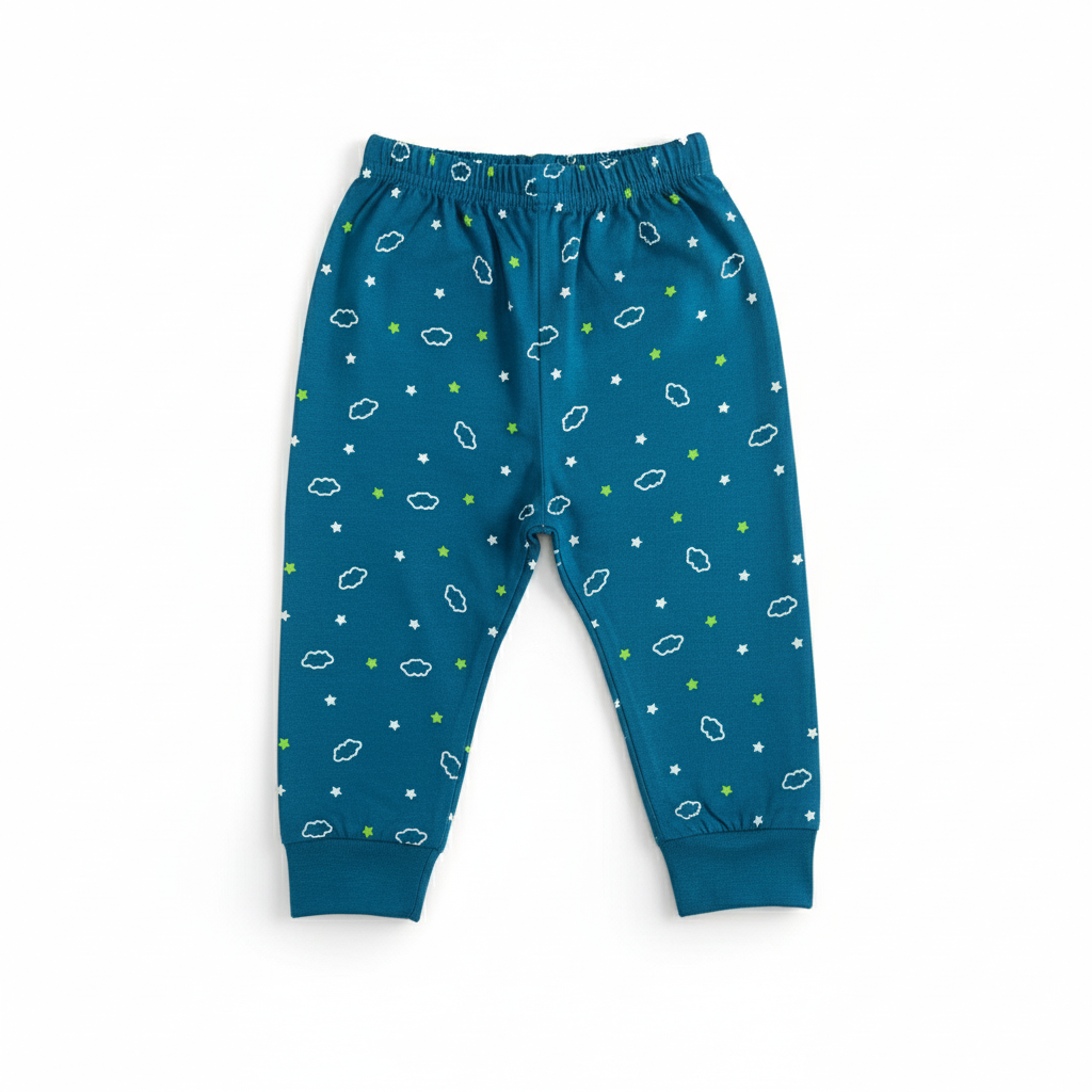 Maatritv Starry Night teal cotton baby pajamas with white cloud and green star print